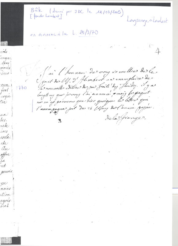 Lettre de D'Alembert à Lagrange, 25 mars 1770 Lettre de D'Alembert à Lagrange, 25 mars 1770