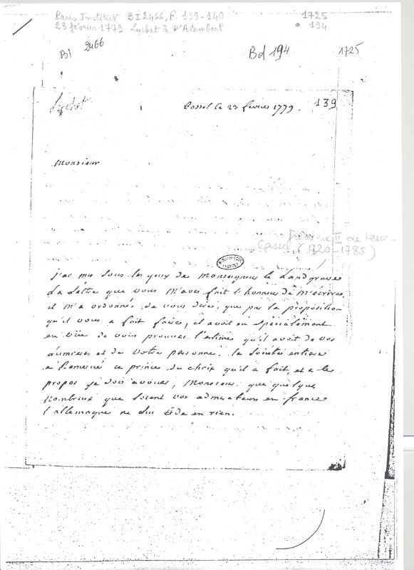 Lettre de Luchet à D'Alembert, 23 février 1779 Lettre de Luchet à D'Alembert, 23 février 1779