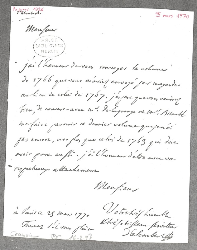 Lettre de D'Alembert à Formey, 25 mars 1770 Lettre de D'Alembert à Formey, 25 mars 1770