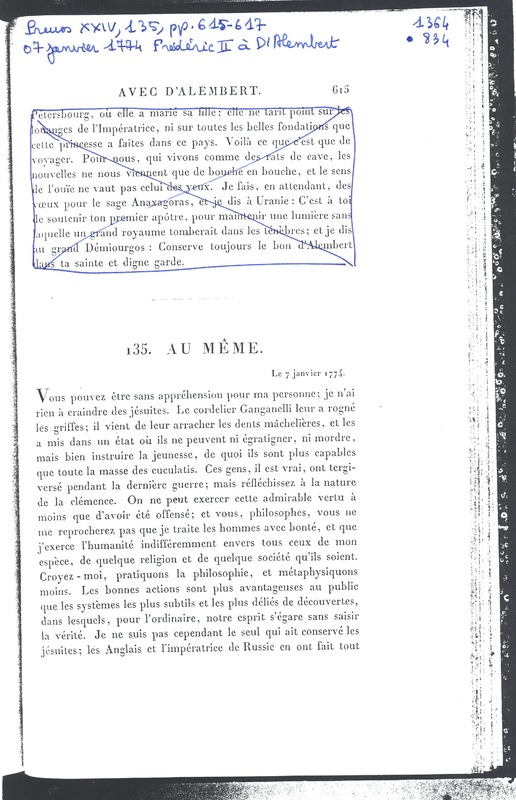 Lettre de Frédéric II à D'Alembert, 7 janvier 1774 Lettre de Frédéric II à D'Alembert, 7 janvier 1774
