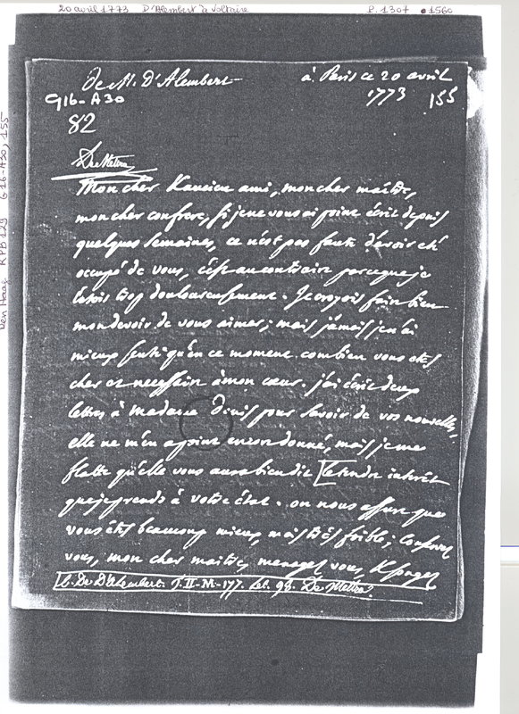 Lettre de D'Alembert à Voltaire, 20 avril 1773 Lettre de D'Alembert à Voltaire, 20 avril 1773