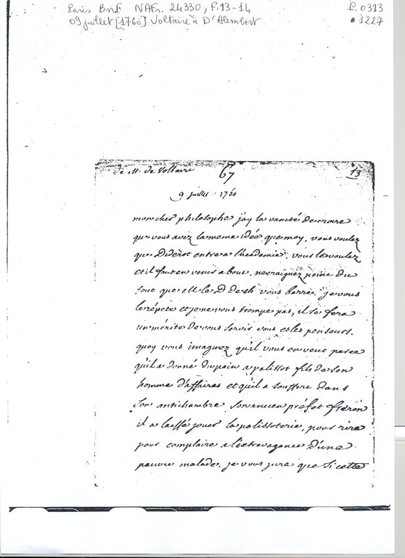 Lettre de Voltaire à D'Alembert, 9 juillet 1760 Lettre de Voltaire à D'Alembert, 9 juillet 1760