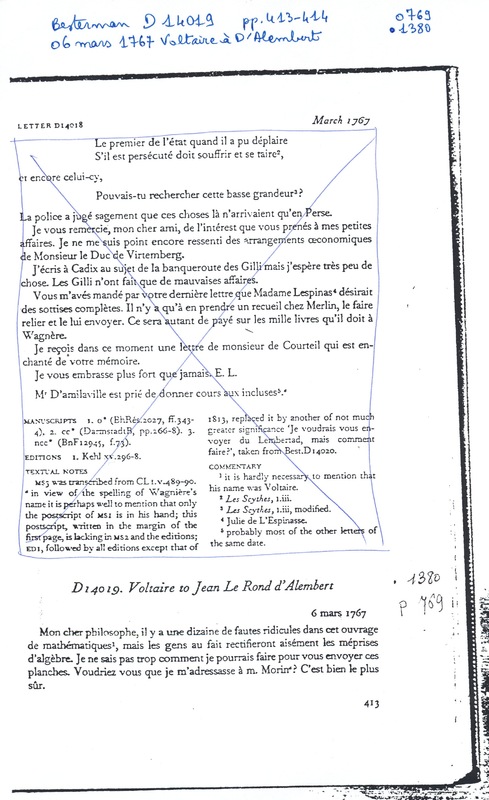Lettre de Voltaire à D'Alembert, 6 mars 1767 Lettre de Voltaire à D'Alembert, 6 mars 1767
