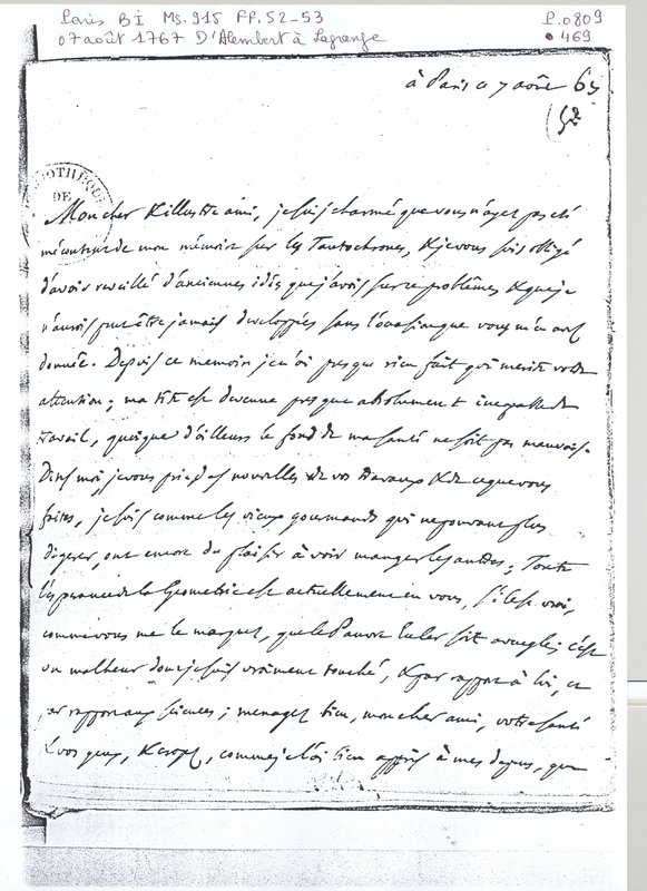 Lettre de D'Alembert à Lagrange, 7 août 1767 Lettre de D'Alembert à Lagrange, 7 août 1767