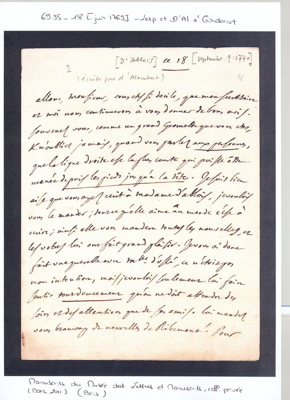 Lettre de Lespinasse dictant à D'Alembert à Condorcet, 18 juin 1769 Lettre de Lespinasse dictant à D'Alembert à Condorcet, 18 juin 1769