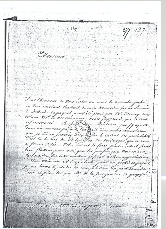 Lettre de Beguelin à D'Alembert, 20 avril 1768 Lettre de Beguelin à D'Alembert, 20 avril 1768