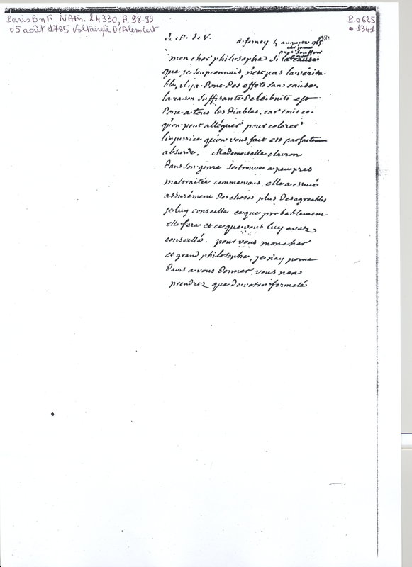Lettre de Voltaire à D'Alembert, 5 août 1765 Lettre de Voltaire à D'Alembert, 5 août 1765