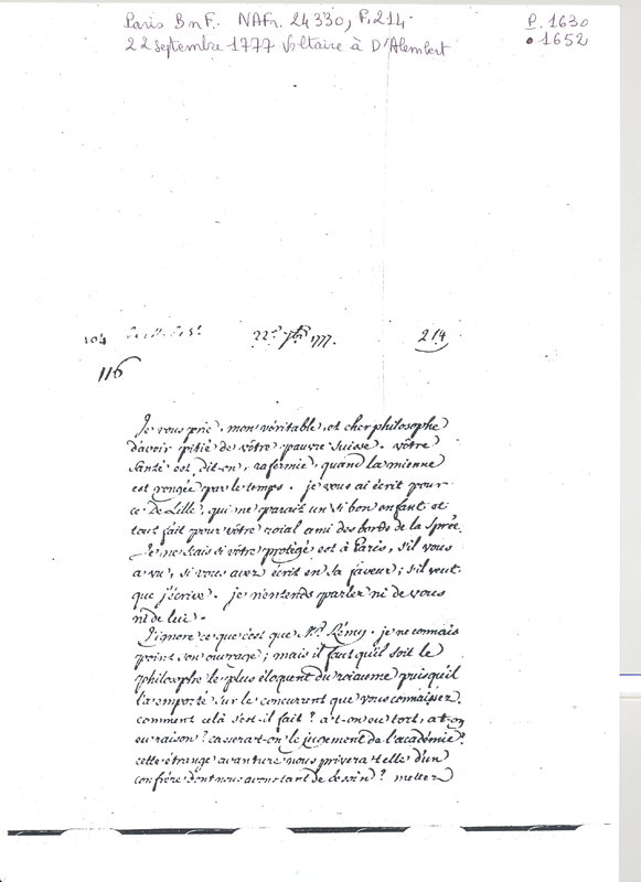 Lettre de Voltaire à D'Alembert, 22 septembre 1777 Lettre de Voltaire à D'Alembert, 22 septembre 1777