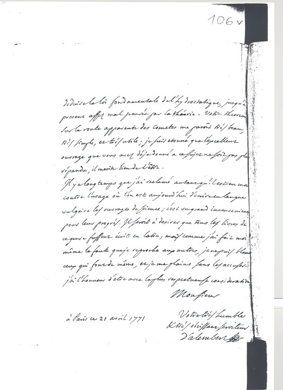 Lettre de D'Alembert à Lambert Jean Henri, 21 avril 1771 Lettre de D'Alembert à Lambert Jean Henri, 21 avril 1771