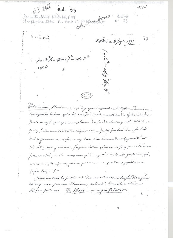 Lettre de Butel Dumont à D'Alembert, 8 septembre 1771 Lettre de Butel Dumont à D'Alembert, 8 septembre 1771