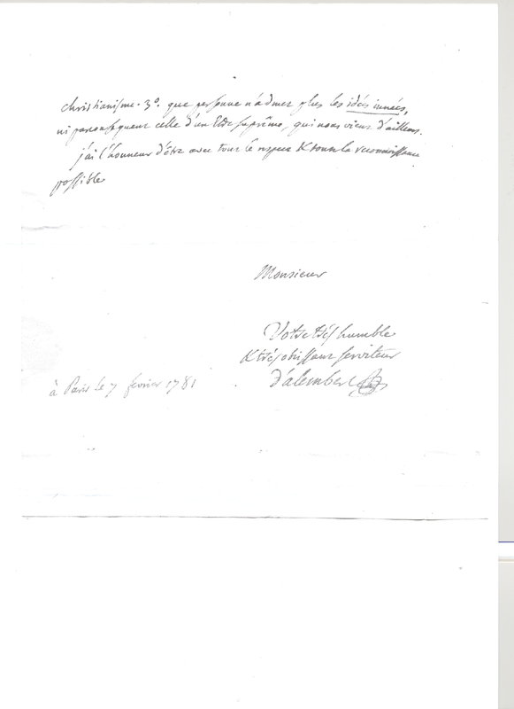 Lettre de D'Alembert à Aubry Jean Baptiste Benoît, 7 février 1781 Lettre de D'Alembert à Aubry Jean Baptiste Benoît, 7 février 1781