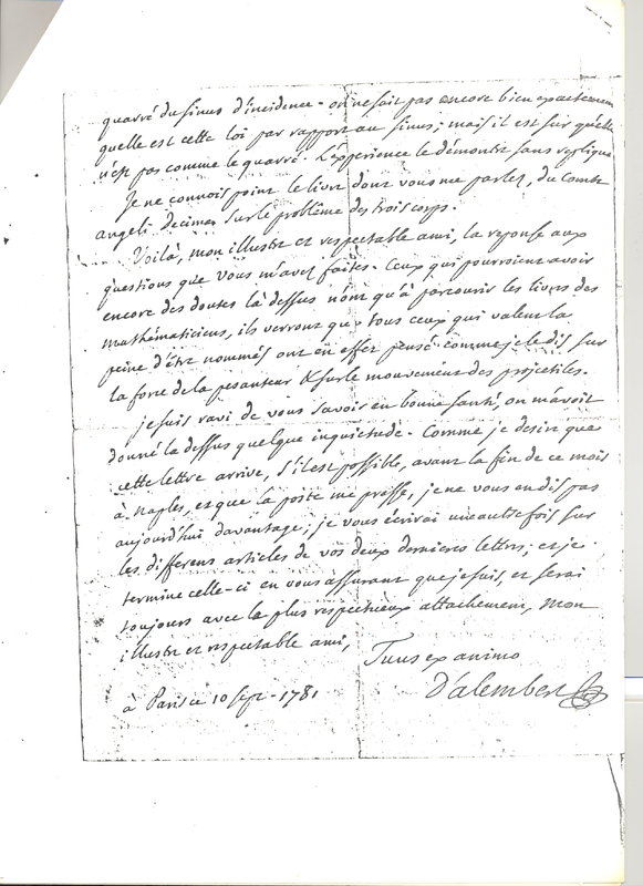 Lettre de D'Alembert à Caracciolo, 10 septembre 1781 Lettre de D'Alembert à Caracciolo, 10 septembre 1781