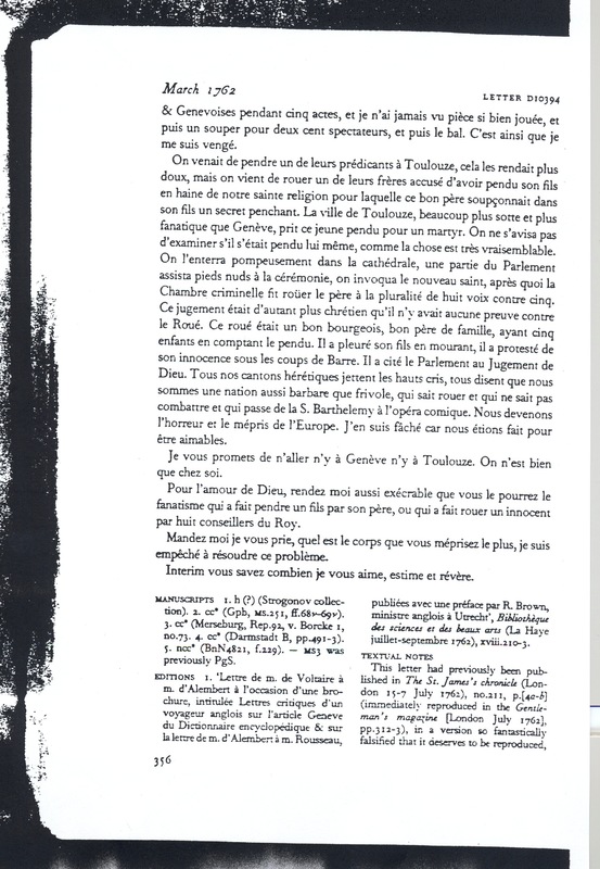 Lettre de Voltaire à D'Alembert, 29 mars 1762 Lettre de Voltaire à D'Alembert, 29 mars 1762