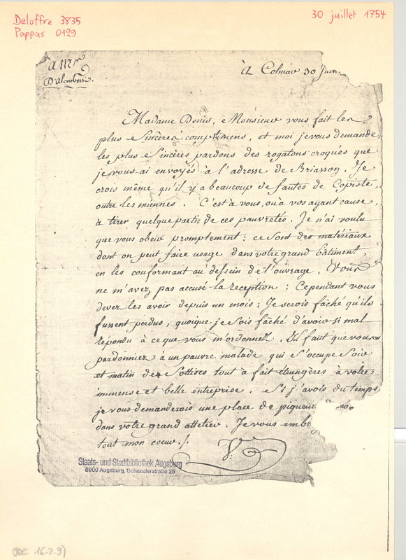 Lettre de Voltaire à D'Alembert, 30 juillet 1754 Lettre de Voltaire à D'Alembert, 30 juillet 1754