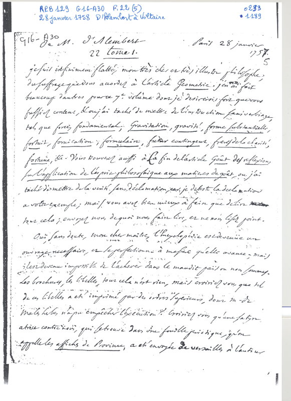 Lettre de D'Alembert à Voltaire, 28 janvier 1758 Lettre de D'Alembert à Voltaire, 28 janvier 1758