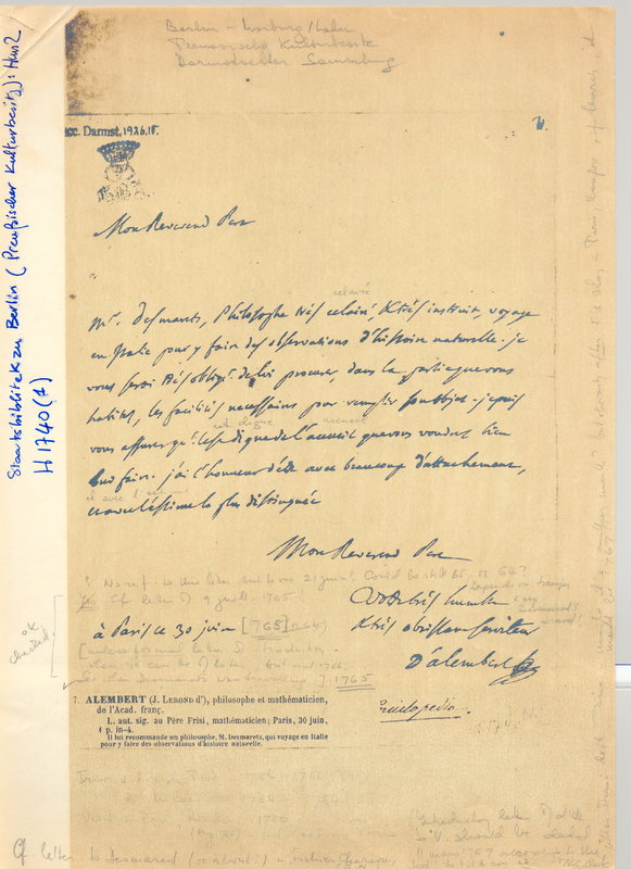 Lettre de D'Alembert à Frisi, 30 juin 1765 Lettre de D'Alembert à Frisi, 30 juin 1765