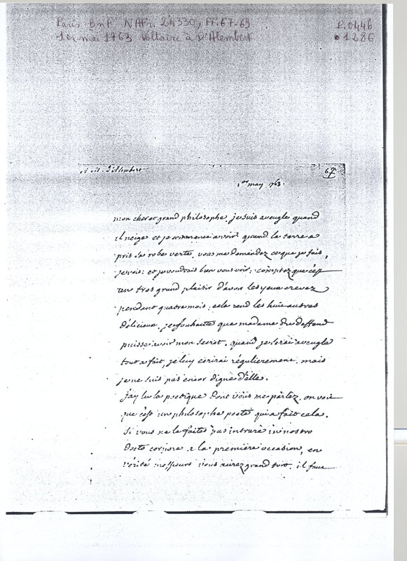 Lettre de Voltaire à D'Alembert, 1er mai 1763 Lettre de Voltaire à D'Alembert, 1er mai 1763