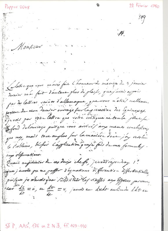 Lettre de D'Alembert à Euler Leonhard, 22 février 1750 Lettre de D'Alembert à Euler Leonhard, 22 février 1750