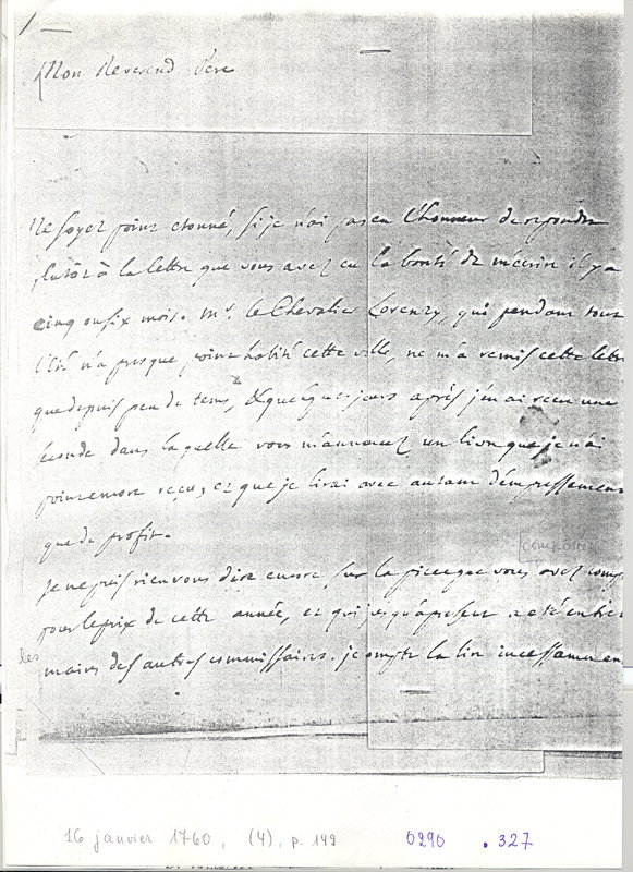 Lettre de D'Alembert à Frisi, 16 janvier 1760 Lettre de D'Alembert à Frisi, 16 janvier 1760