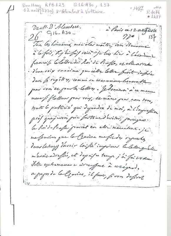 Lettre de D'Alembert à Voltaire, 12 août 1770 Lettre de D'Alembert à Voltaire, 12 août 1770