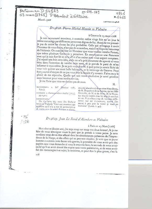 Lettre de D'Alembert à Voltaire, 13 mars 1768 Lettre de D'Alembert à Voltaire, 13 mars 1768