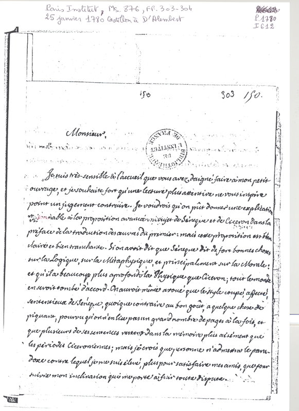 Lettre de Castillon à D'Alembert, 25 janvier 1780 Lettre de Castillon à D'Alembert, 25 janvier 1780