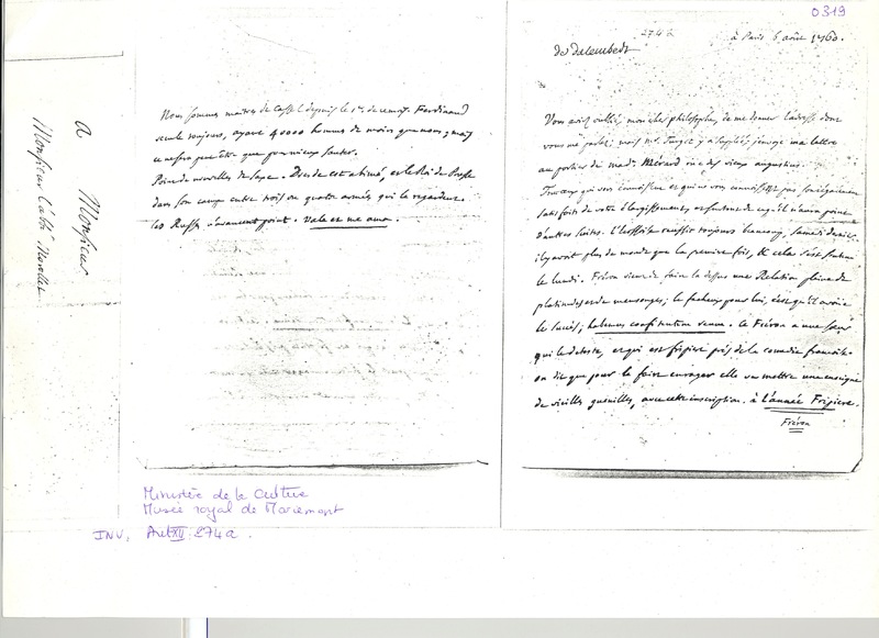 Lettre de D'Alembert à Morellet, 6 août 1760