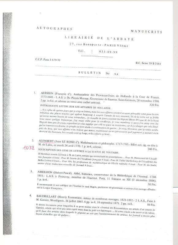 Lettre de D'Alembert à Delaleu, 24 avril 1770 Lettre de D'Alembert à Delaleu, 24 avril 1770