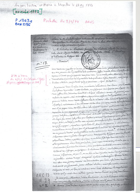 Lettre de Vausenville à D'Alembert, novembre 1773 Lettre de Vausenville à D'Alembert, novembre 1773