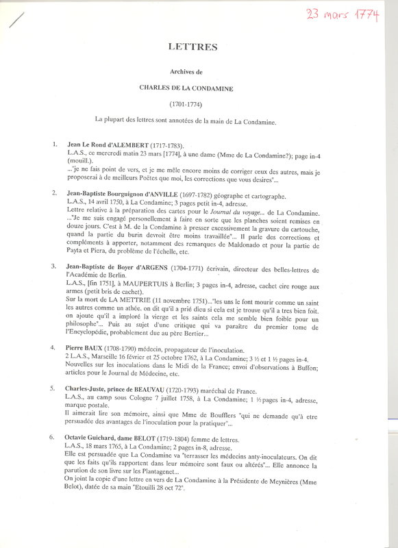 Lettre de D'Alembert à Mme La Condamine (Bouzier d'Estouilly), 23 mars 1774 Lettre de D'Alembert à Mme La Condamine (Bouzier d'Estouilly), 23 mars 1774