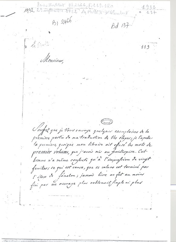 Lettre de La Motte à D'Alembert, 29 septembre 1782 Lettre de La Motte à D'Alembert, 29 septembre 1782