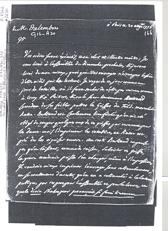 Lettre de D'Alembert à Voltaire, 20 août 1776 Lettre de D'Alembert à Voltaire, 20 août 1776