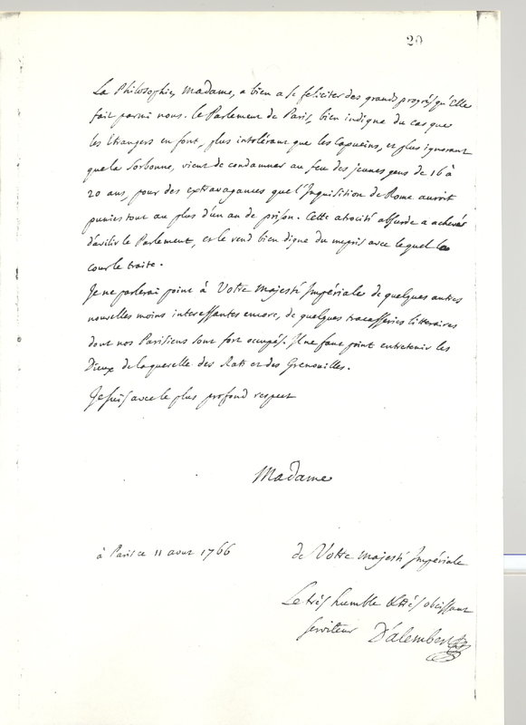 Lettre de D'Alembert à Catherine II, 11 août 1766 Lettre de D'Alembert à Catherine II, 11 août 1766