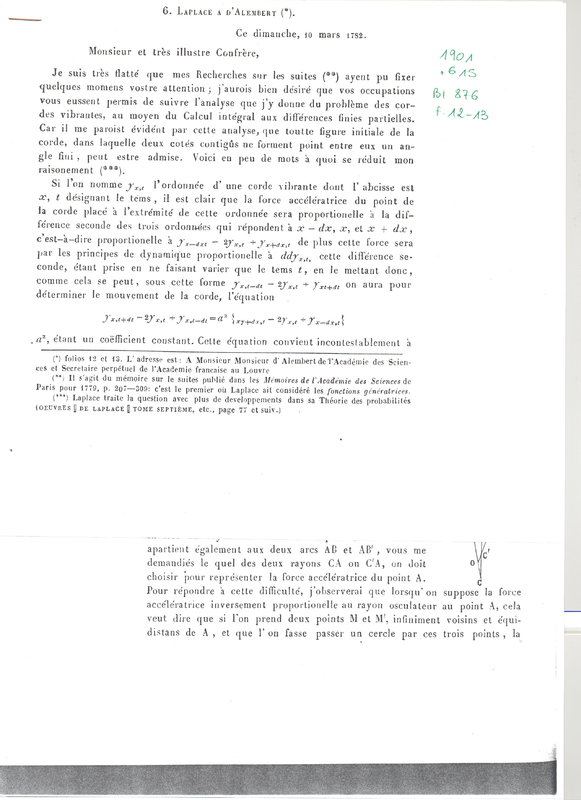 Lettre de Laplace à D'Alembert, 10 mars 1782 Lettre de Laplace à D'Alembert, 10 mars 1782