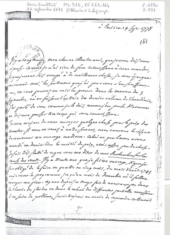 Lettre de D'Alembert à Lagrange, 14 septembre 1778