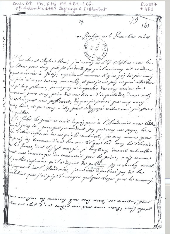 Lettre de Lagrange à D'Alembert, 6 décembre 1768 Lettre de Lagrange à D'Alembert, 6 décembre 1768