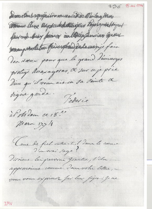 Lettre de Frédéric II à D'Alembert, 15 mai 1774 Lettre de Frédéric II à D'Alembert, 15 mai 1774
