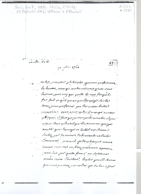 Lettre de Voltaire à D'Alembert, 19 septembre 1764