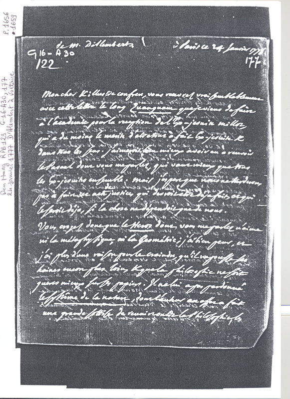Lettre de D'Alembert à Voltaire, 24 janvier 1778 Lettre de D'Alembert à Voltaire, 24 janvier 1778