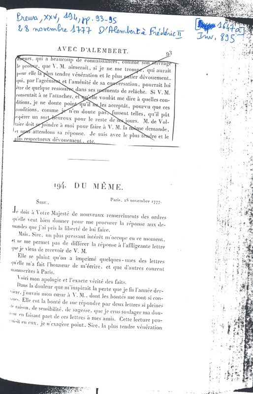 Lettre de D'Alembert à Frédéric II, 28 novembre 1777 Lettre de D'Alembert à Frédéric II, 28 novembre 1777