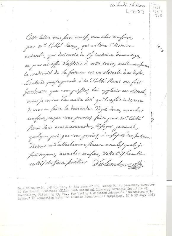 Lettre de D'Alembert à Adanson, 16 mars 1772 Lettre de D'Alembert à Adanson, 16 mars 1772