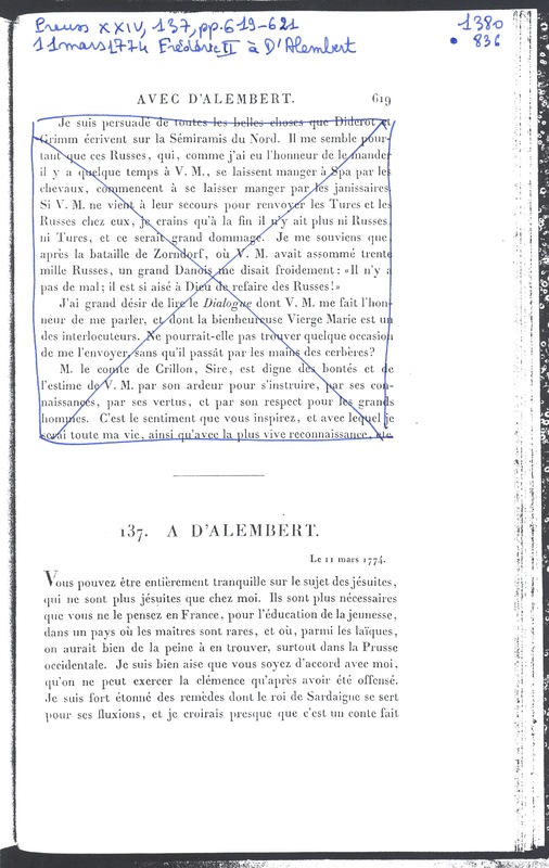 Lettre de Frédéric II à D'Alembert, 11 mars 1774 Lettre de Frédéric II à D'Alembert, 11 mars 1774