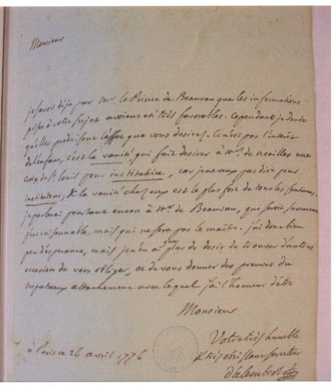 Lettre de D'Alembert à Massieu, 26 avril 1776 Lettre de D'Alembert à Massieu, 26 avril 1776