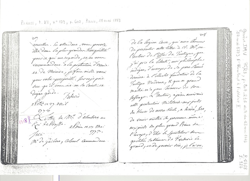 Lettre de D'Alembert à Frédéric II, 17 mai 1773 Lettre de D'Alembert à Frédéric II, 17 mai 1773