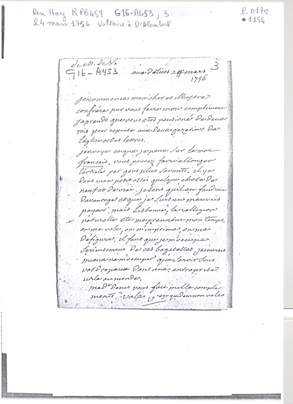 Lettre de Voltaire à D'Alembert, 24 mars 1756 Lettre de Voltaire à D'Alembert, 24 mars 1756