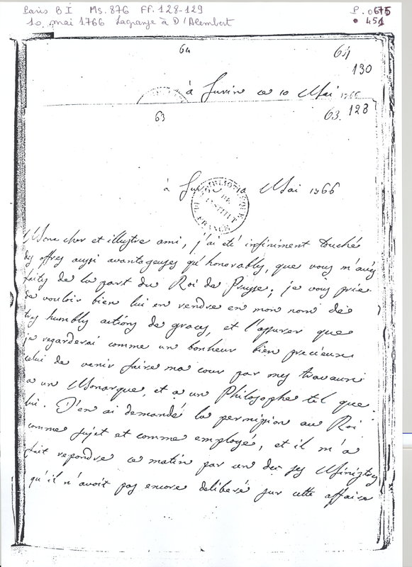 Lettre de Lagrange à D'Alembert, 10 mai 1766 Lettre de Lagrange à D'Alembert, 10 mai 1766