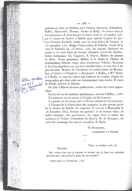 Lettre de D'Alembert à Ribotte Charon, 20 octobre 1761 Lettre de D'Alembert à Ribotte Charon, 20 octobre 1761