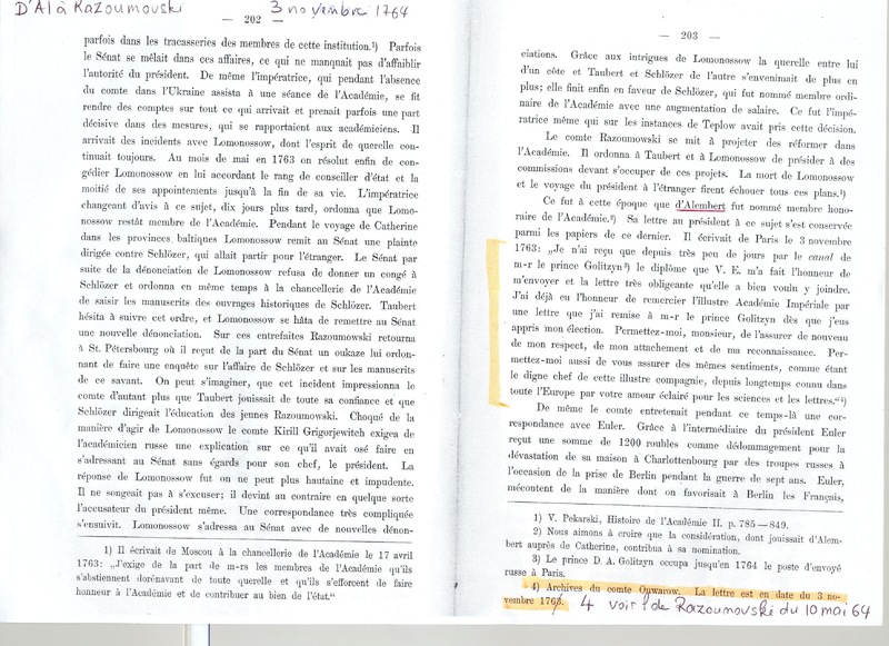 Lettre de D'Alembert à Razoumovski, 3 novembre 1764 Lettre de D'Alembert à Razoumovski, 3 novembre 1764