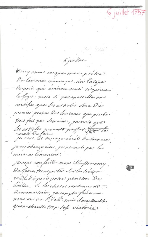 Lettre de Voltaire à D'Alembert, 6 juillet 1757 Lettre de Voltaire à D'Alembert, 6 juillet 1757