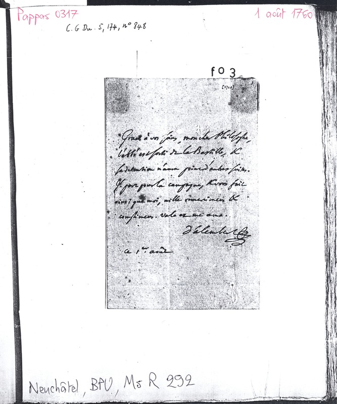 Lettre de D'Alembert à Rousseau Jean Jacques, 1er août 1760 Lettre de D'Alembert à Rousseau Jean Jacques, 1er août 1760